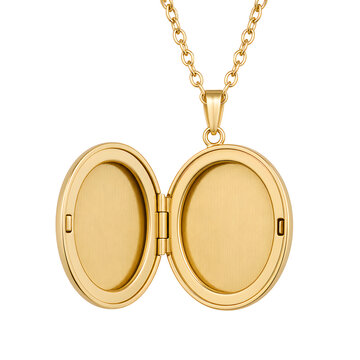 Elegant open gold oval locket necklace pendant on a chain isolated background.
