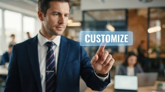 Professional selecting customize option on interactive display in modern office workspace with screen