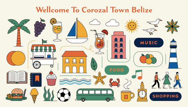 Corozal Town Belize Welcome Cartoon Illustration: Tropical Beach, Food, Music, Shopping, Travel Icons