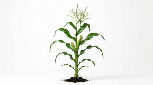 A single healthy green corn plant with ears and leaves growing from soil on a clean white background
