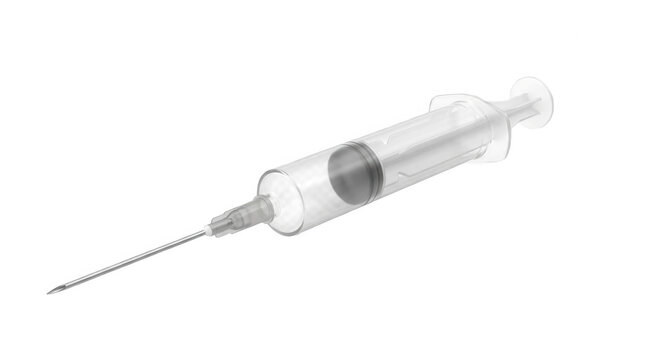 Transparent medical syringe with needle for injection and vaccination procedures in clinics.