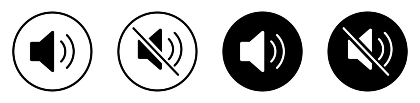 Volume and mute speaker icon set for audio controls, sound settings, multimedia apps, and interfaces.