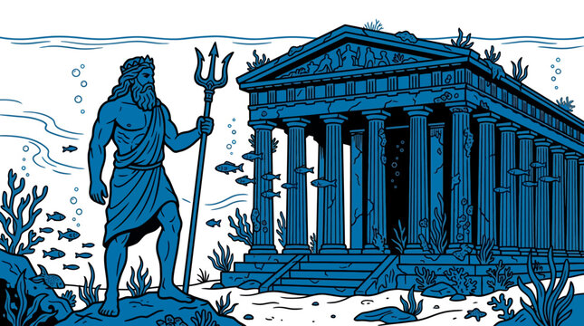 Poseidon standing with his trident beside an ancient underwater Greek temple.