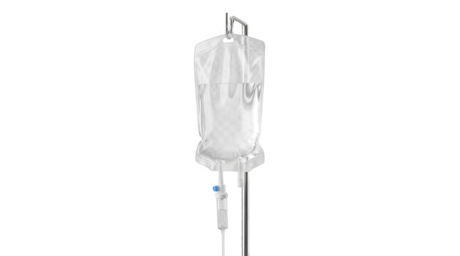 Medical intravenous fluid bag hanging from hook for healthcare procedures.