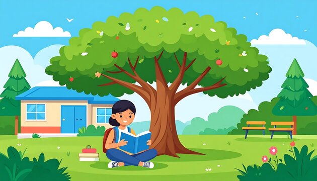 Young boy reading book under green tree outdoors.