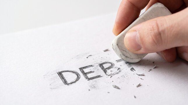 a conceptual financial photography, close-up of the handwritten word &ldquo;DEBT&rdquo; in dark graphite pencil on a clean white paper background, a hand using a white pencil eraser to gradually erase 
