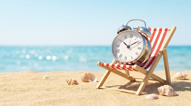 a conceptual summer vacation scene on a beautiful tropical beach, a miniature wooden deck chair with red and white striped fabric standing on soft golden sand, a classic silver analog alarm clock 