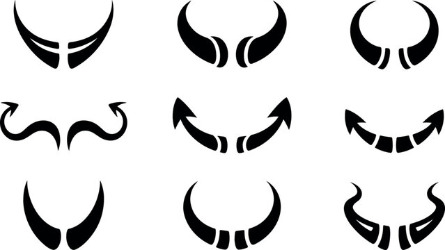 Devil Horns and Demon Tail Black Silhouette Vector Set with Tribal Silhouette Shapes for Halloween Party Graphics and Gothic Tattoo Designs