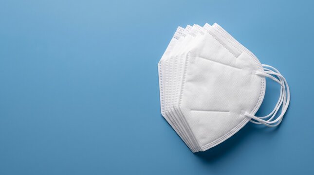 Realistic top-down product photography of a neatly stacked collection of white disposable protective respirator face masks with elastic ear loops, arranged slightly overlapping on the right side 