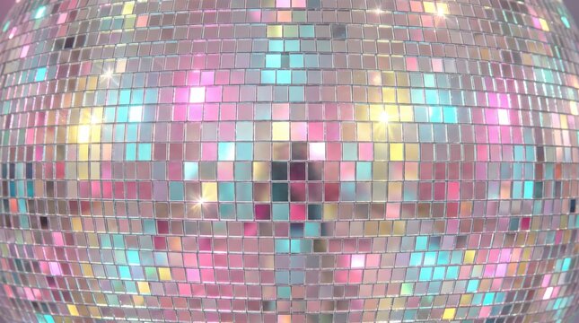 Sparkling iridescent disco ball texture with colorful reflective square mirror tiles reflection