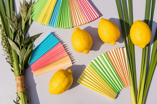 Top view of yellow etrog fruits, myrtle tree and willow branches, palm leaves. Bright colored paper crafts. Traditional symbols of the Hut Festival.