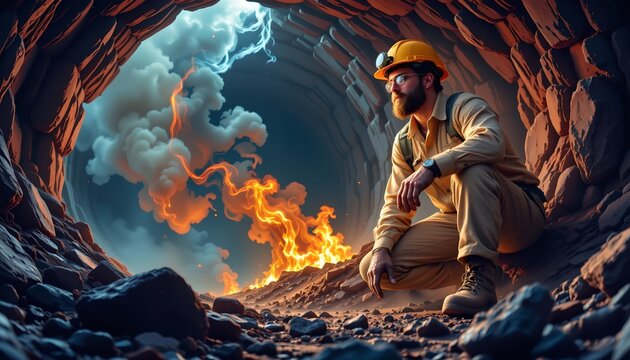 In this image, a firefighter is portrayed in an unusual setting. He is standing within what appears to be a tunnel or mine, which has an unusual appearance with a dramatic cloud formation above him