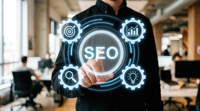 Professional interacting with digital seo interface surrounded by connected icons in modern office space with representing analytics optimization