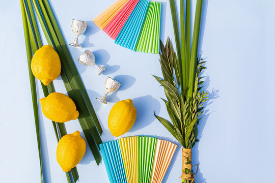 Top view of yellow etrog fruits, myrtle tree and willow branches, palm leaves. Bright colored paper crafts. Traditional symbols of the Hut Festival.