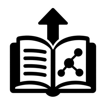 Knowledge base article publishing icon with open book and upward network arrow for documentation workflow