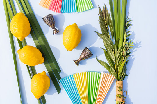 Traditional symbols of the Sukkot holiday. Palm leaves, willow branches, etrog, bright paper crafts. Top view. Flat lay. holiday of huts in Israel.