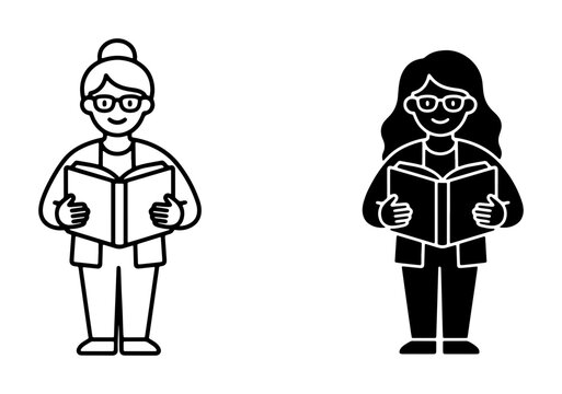 Two Diverse Women Reading Books, Vector Icons Set: Outline and Silhouette Styles for Education, Knowledge, and Learning Concepts