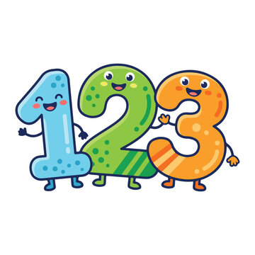 Colorful cartoon numbers 1 2 3 characters with happy faces and hands isolated on white background