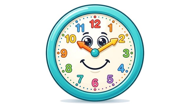 Friendly cartoon clock character with a happy smile for kids