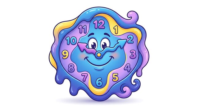 Playful melting cartoon clock character with a smiling face
