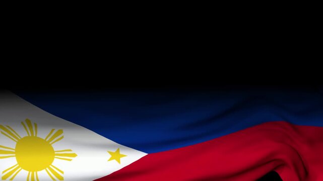 Philippine flag with sun and stars emblem flutters against a solid black backdrop with ample copy space.