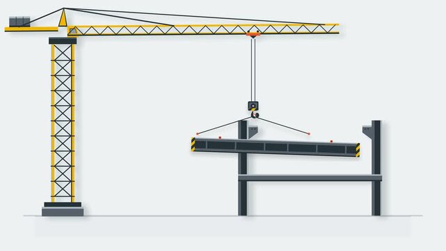 Premium vector animation of a tower crane precisely lifting and positioning a heavy structural steel beam during industrial construction, engineering and infrastructure assembly.