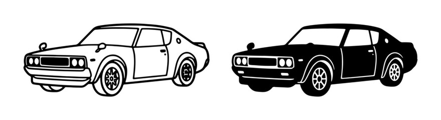 Naklejka premium Classic Japanese Sports Car Vector Art, Retro Coupe Silhouette, Vintage Automobile Illustration, Black and White Design Elements