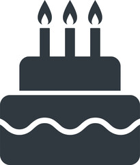 Fototapeta premium Minimalist birthday cake icon with three candles, black silhouette tiered cake vector, celebratory party dessert symbol for web design