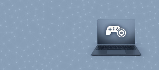 A sleek dark laptop with a glowing game controller and gear settings icon on screen stands against a modern digital network background with copy space for gaming setup concepts © sh99