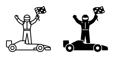Fototapeta premium Racing Victory Icons: Champion Driver with Checkered Flag on Formula Car, Celebration Silhouette, Motorsport Achievement Graphics