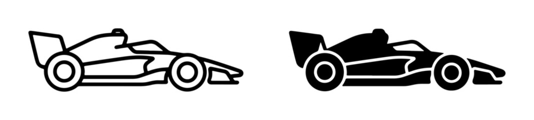 Obraz premium Formula 1 Race Car Icons, Speeding Vehicle Vector Graphics, Motorsport Silhouette & Outline Set for Sport Design