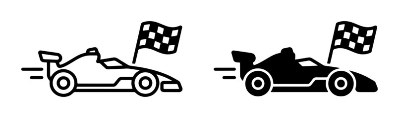 Obraz premium Formula 1 Race Car Vector Icons, Speeding Vehicle with Checkered Flag, Motorsport Competition Graphics, Victory Symbol