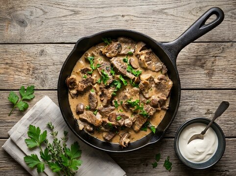 Creamy beef stroganoff with mushrooms in a cast iron skillet