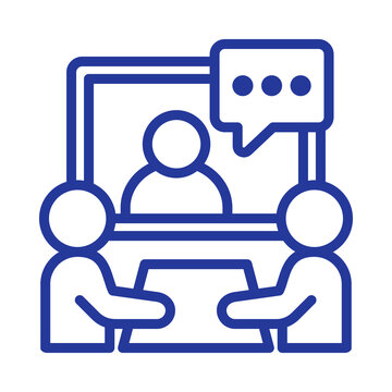 Blue outline icon representing remote team meeting or virtual conference call transparent background