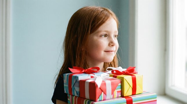 Young girl with long red hair gazes thoughtfully while holding a stack of colorful gift boxes