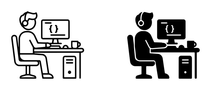 Programmer at Desk with Computer and Headphones, Coding Icons, Software Development, IT Professional, Minimalist Vector Icons