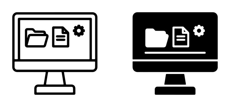 Computer Monitor Icons: Folder, Document, Settings, Digital Interface, Data Management, System Tools, Technology Concepts