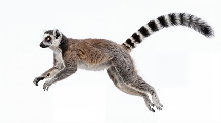 Obraz premium Lemur in mid-air with striped tail, isolated on white background