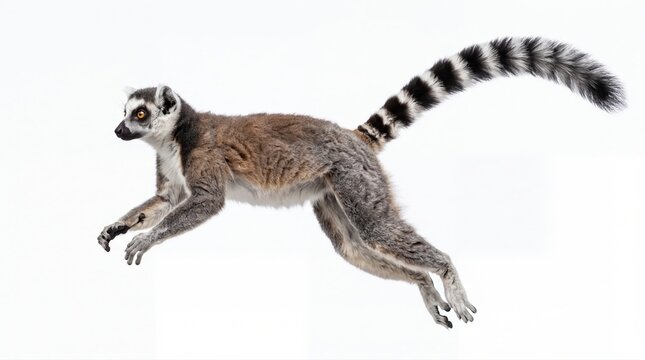Lemur in mid-air with striped tail, isolated on white background