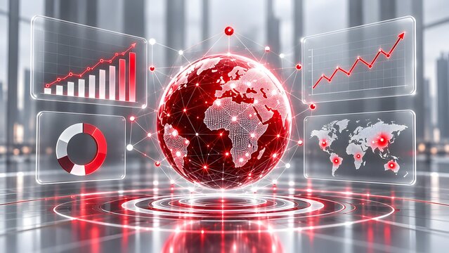 Global business finance analytics concept with glowing red earth globe and virtual growth charts symbolizing international market success