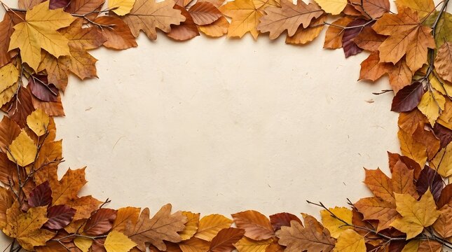 Full frame border composition of dry autumn leaves in various shades of brown yellow and orange arranged neatly on a textured cream colored paper background surface for fall designs