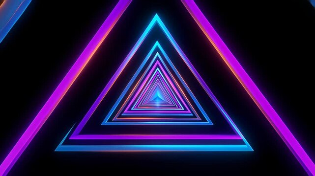 Neon music loop creates glowing triangular tunnel with blue purple pink light trails, futuristic geometric depth, rhythmic energy, and vibrant digital pattern on dark background