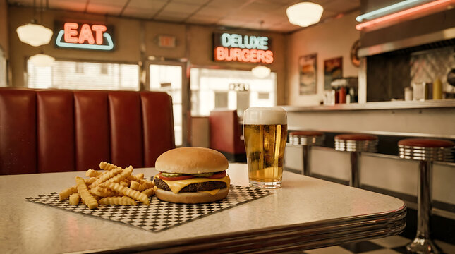 Classic cheeseburger with fries and beer on a restaurant table