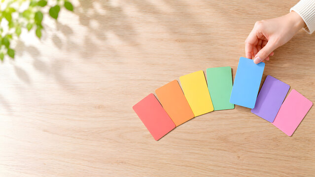 Colorful Cards and Hand Making a Choice on Wooden Table with Copy Space