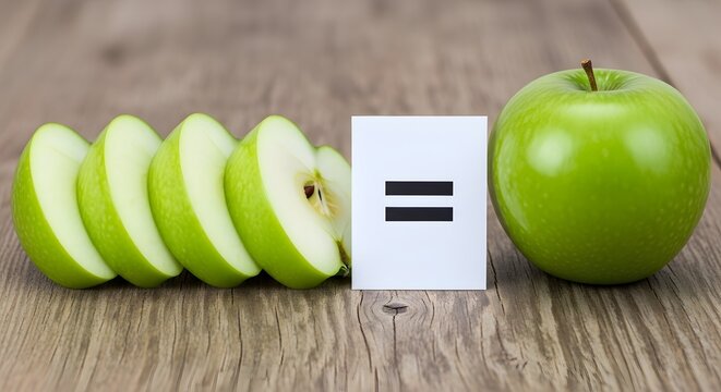 Fresh green apple slices and a whole fruit with equals sign
