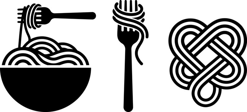 Vector illustration set features a bowl of delicious pasta, a fork twirled with spaghetti noodles, and an abstract heart logo for an Italian restaurant menu.