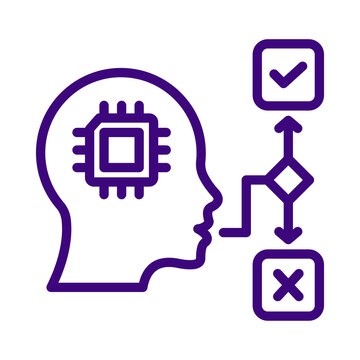Purple outline icon of human head with integrated microchip processor and decision making flowchart diagram transparent background