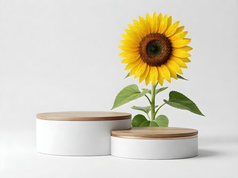 Minimal Mockup stage exhibition podium with sunflower on white background 3d realistic render