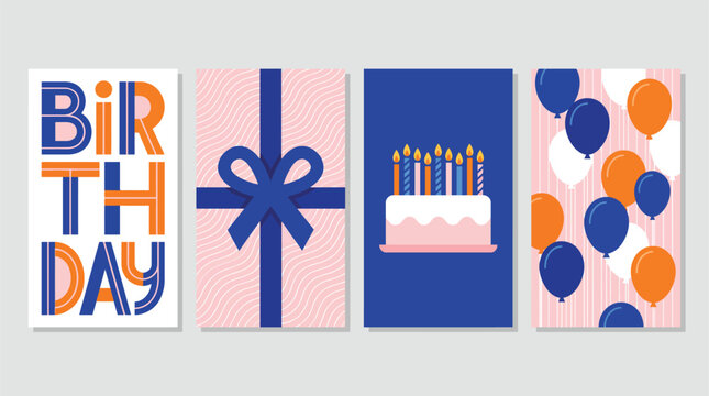 Modern birthday card set with geometric illustrations, colorful celebration greeting cards, festive party invitation templates