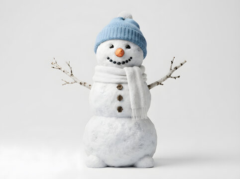 Cute snowman with blue knitted hat and scarf isolated on white background